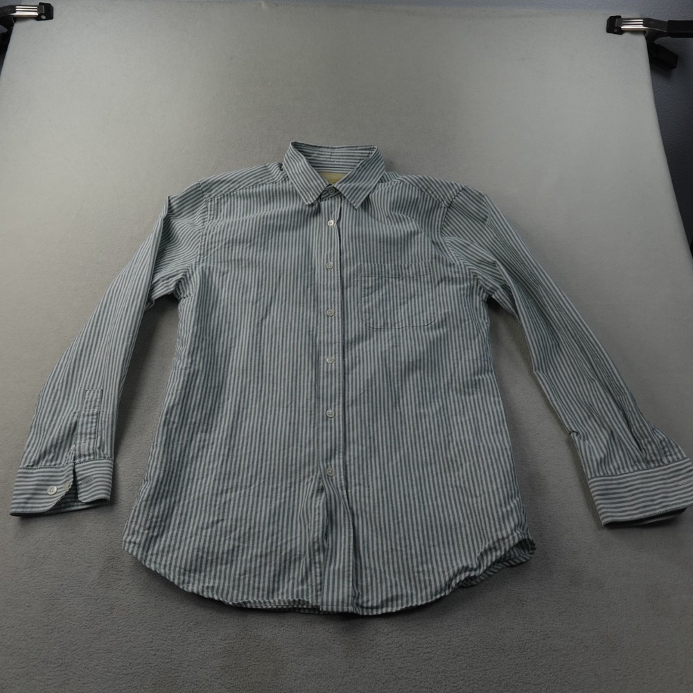 Portuguese Flannel Shirt Mens L Green White Stripe Oxford Button Up Long Sleeve